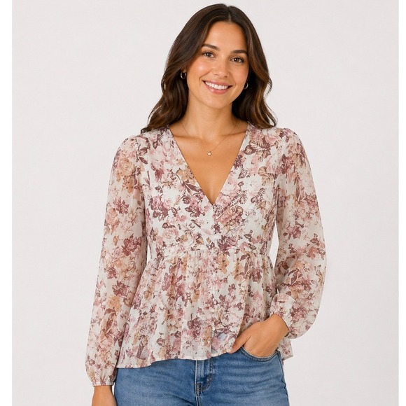 Mi Ami for Francesca's Pants - Mi Ami Francesca's Floral Long Sleeve Ruffle Tiered Romper Mauve White Small